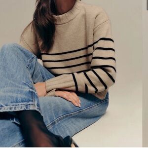 Reformation Beige Striped Cropped Merino Wool Sweater